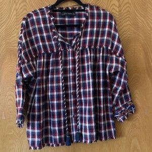 Zara Woman Size Small Chill Its Only Caos Plaid Embroidered Beaded Top Fringe